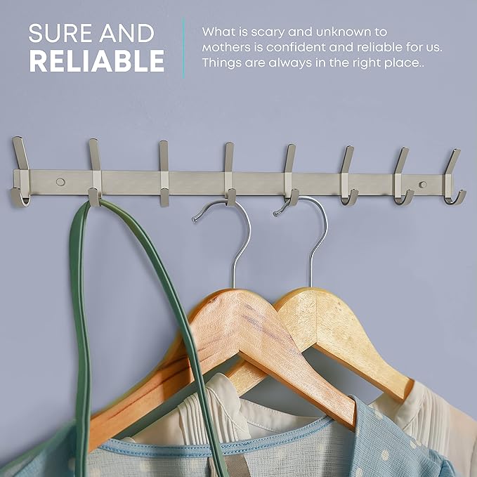 SAYONEYES Coat Rack Wall Mount – Brushed Nickel 24 Inch Stainless Steel Hook Rail with 8 Heavy Duty Double Coat Hooks – Wall Mounted Coat Hanger for Entryway, Bathroom, Bedroom, Towel, Hat Organizer