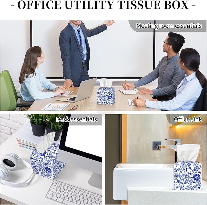 Tissue Box Cover,Blue and White Porcelain Flowers Pu Leather Square Tissue Box Cover Case Decorative Organizer for Bathroom Vanity Countertop Night Stands Office Desk & Car 5.2X5.2X5.2''