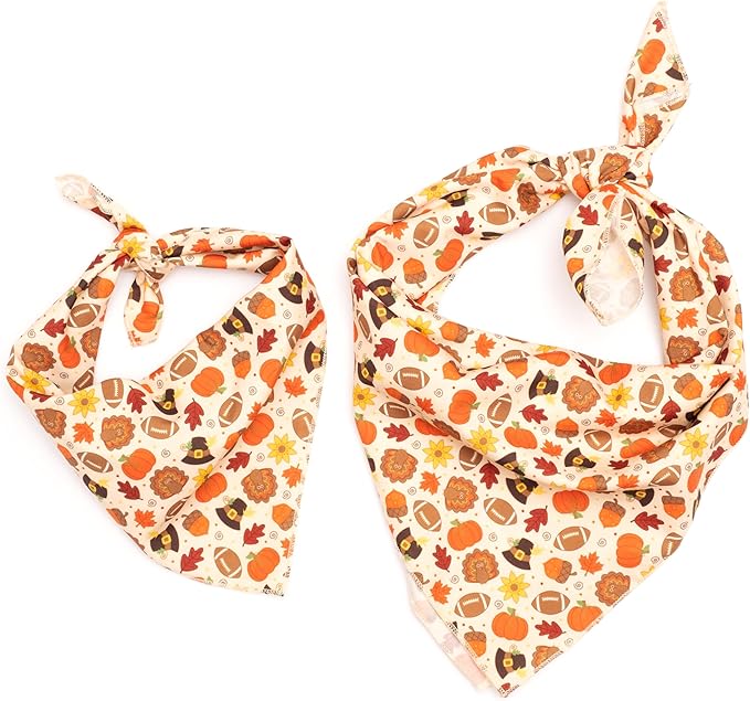 THE WORTHY DOG Classic Tie-On Dog Bandana – Soft Cotton Flannel Square Pet Bandana, Fallelujah Pattern, Beige, Small