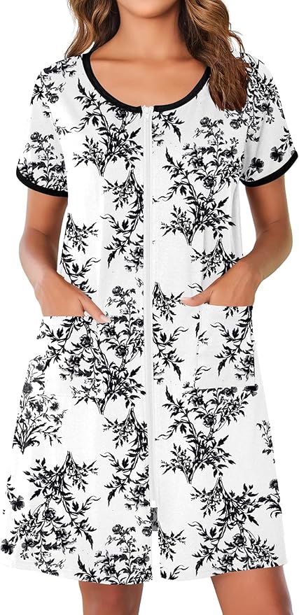 Ekouaer Zip Up Robes for Women Short Sleeves Zipper House Coat Short Bathrobes Lightweight Nightgown with Pockets S-3XL