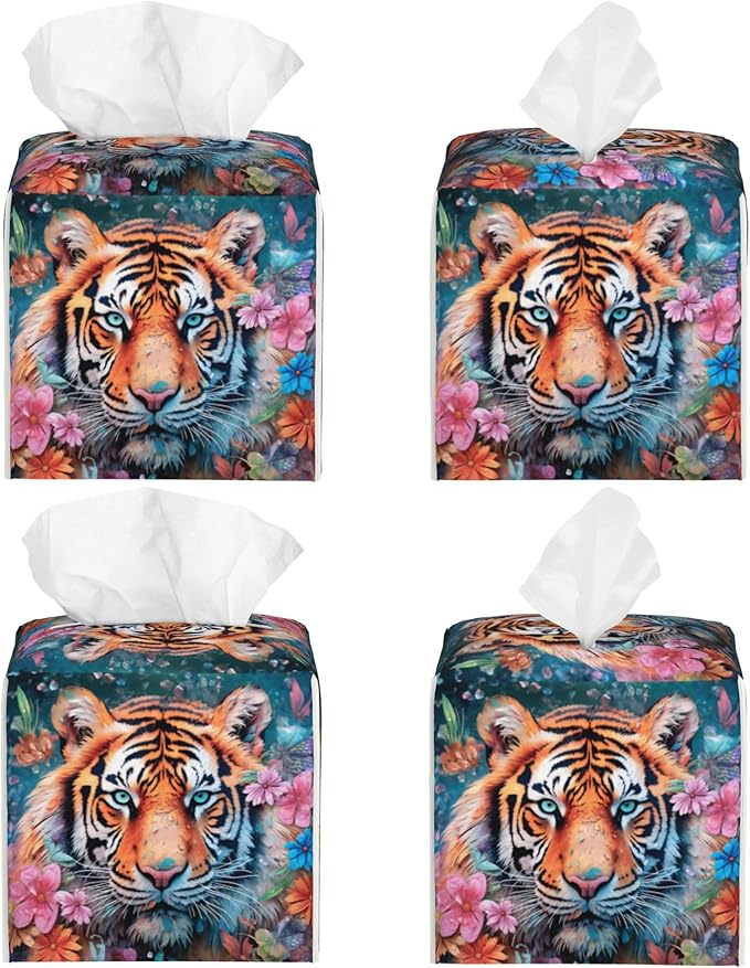 POIUBLE Leather Tissue Box Holder Tiger with Flowers Tissue Box Cover Square Waterproof Tissue Holder Organizer Modern Napkin Holder for Bedroom Dresser Night Stand Office Desk
