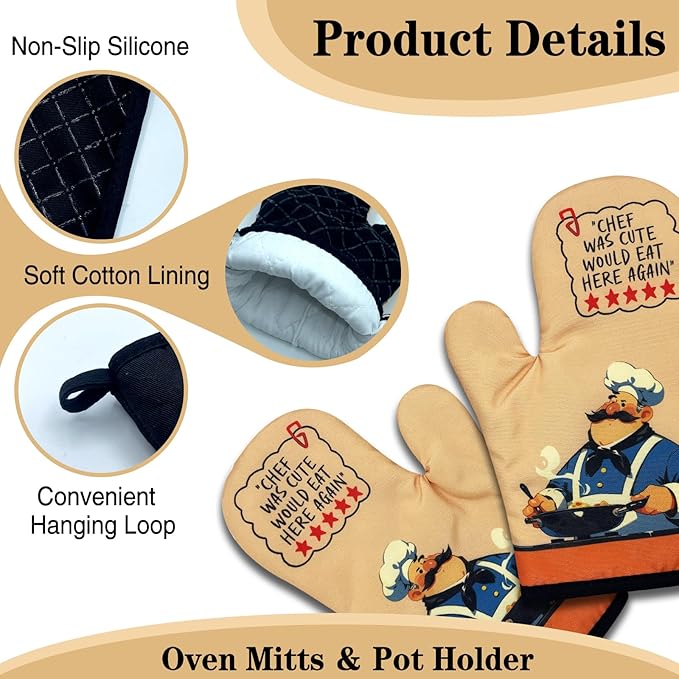 2 Pack Funny Oven Mitts for Men, Chef was Cute Would Eat Here Again, Heat Resistant Silicone Non-Slip Mitts, Baking Cooking Gifts for Chef Friend, Christmas Birthday Gifts for Dad Husband