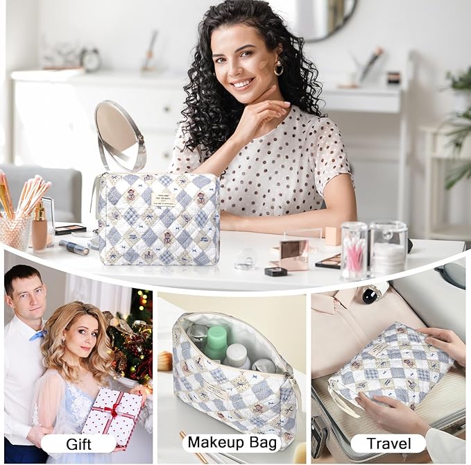 Gosect 2PC Makeup Bag Set, Cute Cosmetic Bag for Women Girls, Floral Coquette Aesthetic Toiletry Bag, Travel Make Up Organizer Bag (Argyle Bear)