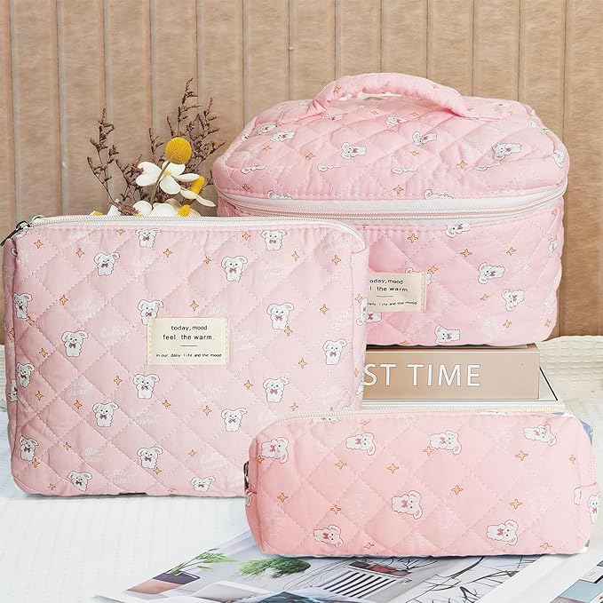 Cozomga Quilted Makeup Bag, Large Capacity Travel Cosmetic Bag for Women and Girls, Aesthetic Storage for Daily and Travel Use (3pcs-RabbitAnimalPrint)