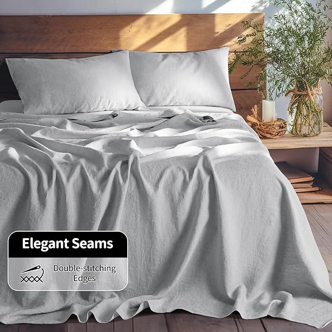 LBRO2M 100% Linen Sheet Set Queen Size, Bed Sheets 4 Piece Sets, Solid Color Natural Flax Bed Sheets Soft Breathable Bedding,16" Deep Pocket,All Season (Queen, Grey)