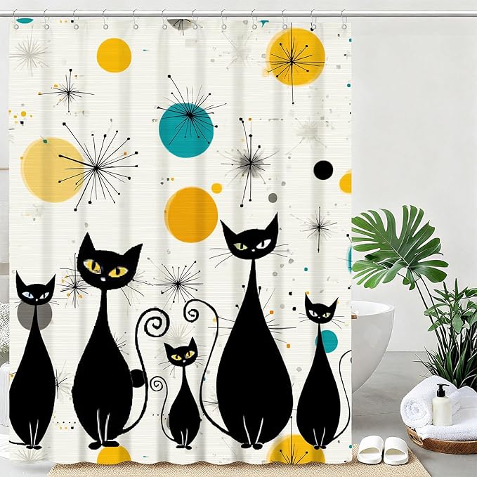 mutakin Mid Century Shower Curtain Cute Cats Shower Curtains for Bathroom Waterproof Fabric Bath Curtain Decor with Hooks