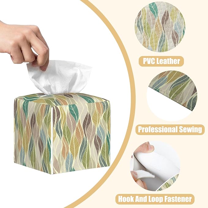 BLYKVGHQ Colorful Wavy Lines Square Tissue Box Cover Abstract Leaves Tissue Box Holder Facial Cube Paper Dispenser Leather Decorative Organizer Home Office Desk Decor, 5.2"x5.2"x5.2"
