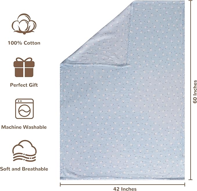 NTBAY 2 Layer Muslin Cotton Baby Swaddle Blanket, 42x60 Soft and Breathable Receiving for Newborns and Infants, Perfect for Crib, Stroller, Travel, Lightweight Nursery Blanket, Cloudy Bunny