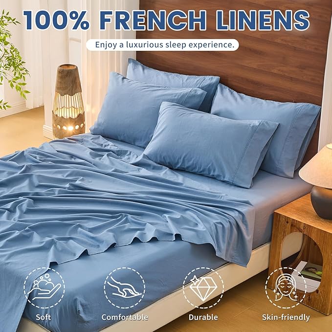 Bedlifes 100% French Pure Linen Sheets California King Size Breathable and Cooling Flax Sheet Set Soft Durable and Moisture Wicking 16 Inch Deep Pocket-4 Piece(Cal King,Flint Blue)