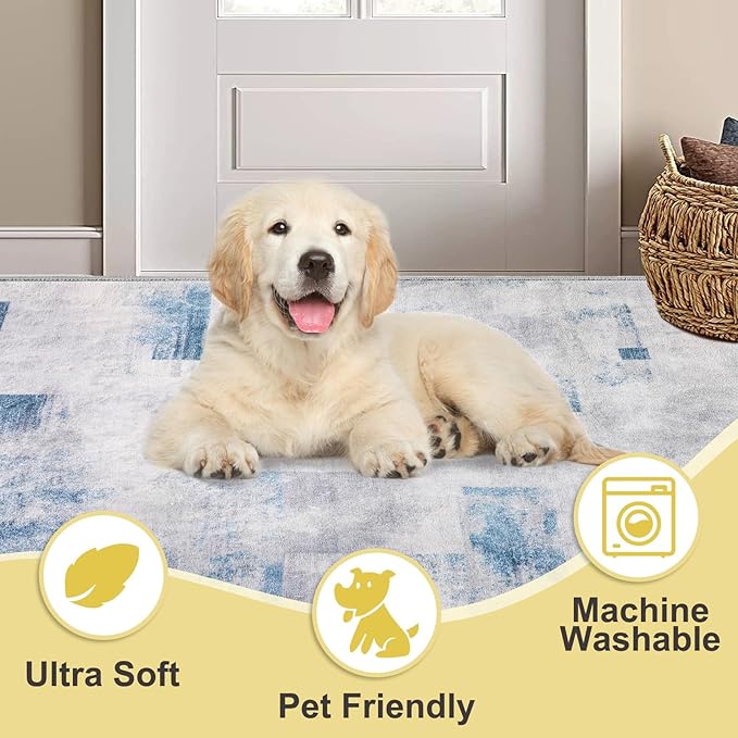 COMSLE Door Mat, Front Door Mat Indoor for Entrance Faux Wool Absorbent Non Slip Modern Throw Rug for Entryway Bedroom Muddy Paws - Pet Friendly, 36x60 Inches,Square Blue Machine Washable