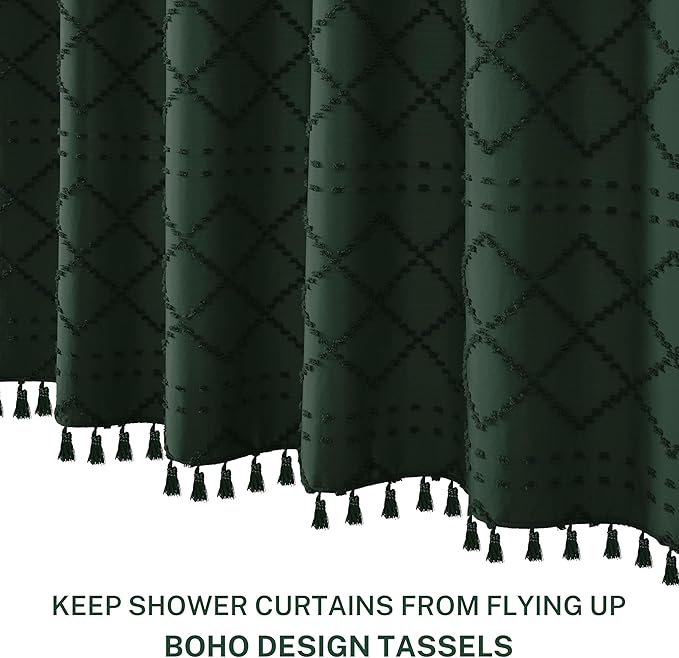 Siiluminisoy Extra Long Dark Green Boho Woven Fabric Cute 96 Inch Shower Curtain, 72 x 96 Tufted Chevron Textured Striped Modern Farmhouse Minimalist Cloth Shower Curtain for Bathroom