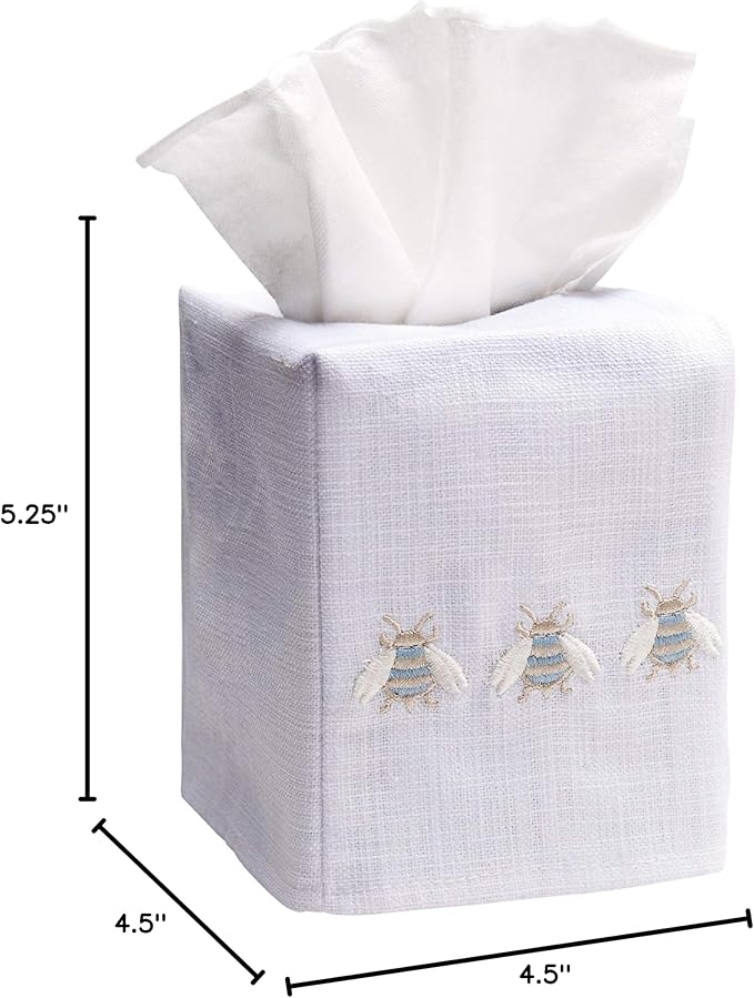 Jacaranda Living Square Tissue Box Cover, Linen/Cotton Fabric Tissue Holder, Decorative Cloth Tissue Cube Cover, Nature Designs Three Napoleon Bees (Duck Egg Blue)