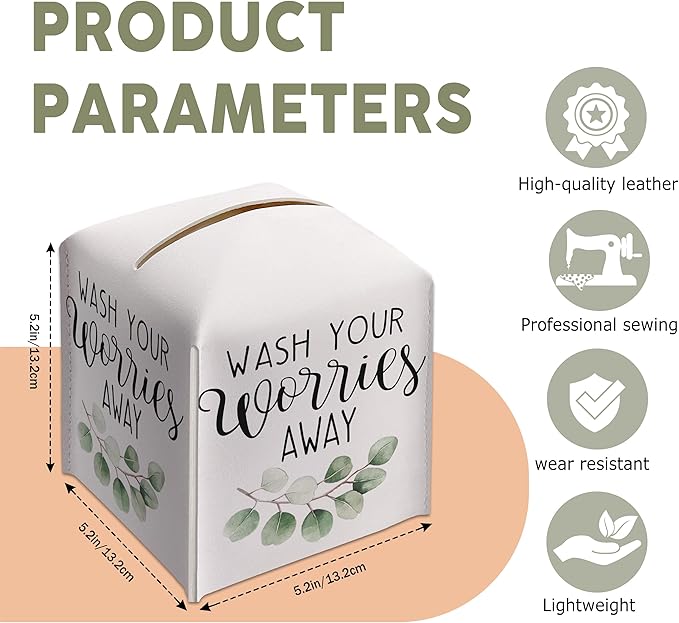 Leather Tissue Box Cover Holder Gifts, Positive Gift Ideas for Friends, Wash Your Worries Away Decorative Decor for Bathroom Office, Housewarming New Home Favor-(5.2 Inches) A72