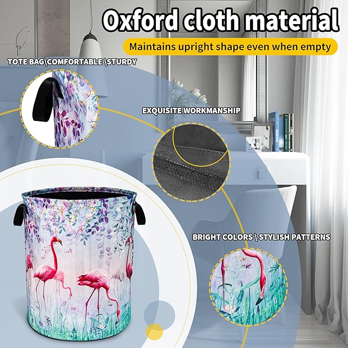 NUTAINLA Flamingo Laundry Basket Animal Foldable Oxford Cloth Funny Tote Bag Laundry Hamper Clothes Storage Bucket Toy Organizer For Bathroom/Laundry Storage/Bedroom 18.9x16.5 Inch