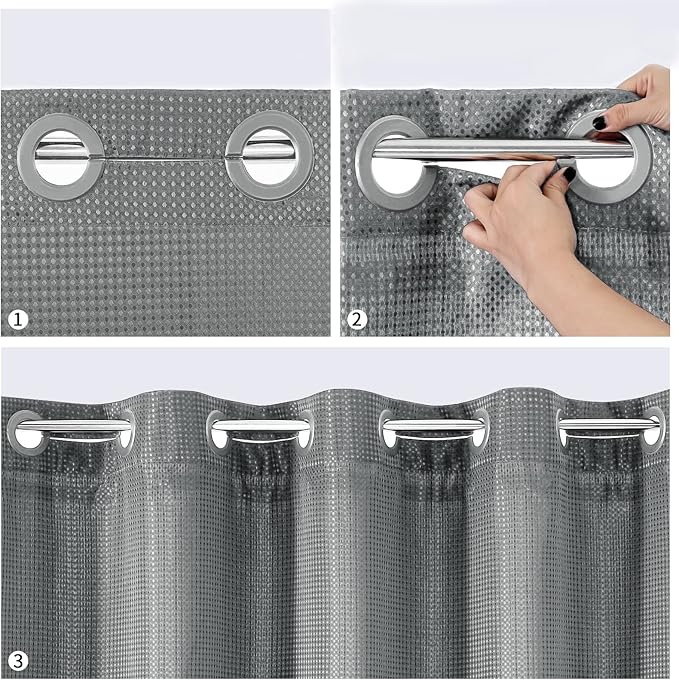 MitoVilla Black Waffle Long Shower Curtain Liner Set 72 x 80, No Hooks Required 80 inch Long Heavyweight Fabric Shower Curtain Set with Snap-in Liner for Hotel Grade Spa-Like Bathroom Decor