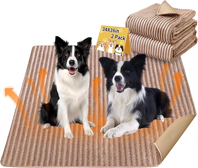 Dog Crate Mat, 2 Pack 34"×36" Flannel Washable Pet Mat for Dogs and Cats, Non-Slip Pet Pad for Kennel Training, Absorbs Urine and Waterproof Pad for Sofa Bed Crate Kennel Car Seat Floor（Khaki）
