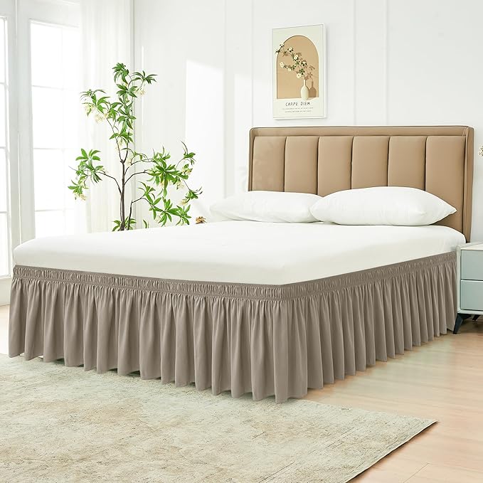 Biscaynebay Wrap Around Bed Skirts for Full & Full XL Beds 15" Drop, Taupe Adjustable Elastic Dust Ruffles Easy Fit Wrinkle & Fade Resistant Silky Luxurious Fabric Machine Washable