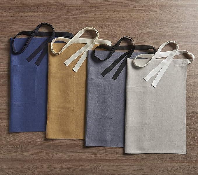 Solino Home Linen Bistro Server Apron - Extra long ties with Pockets - 100% Pure Linen Half Apron for Men and Women