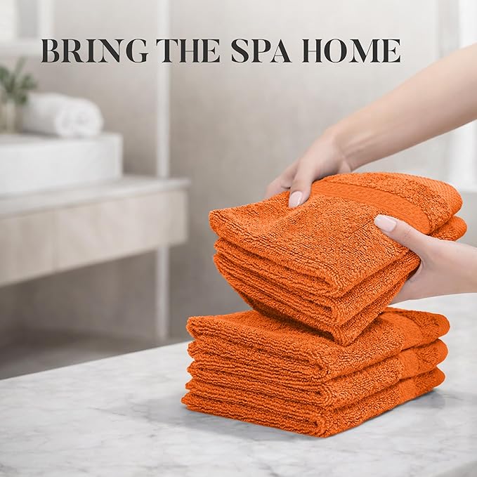 RIVERSIDE 12 Pack Premium 100% Cotton Face Wash Cloths, 12 x 12 Inches, Soft & Absorbent Face Towels for Bathroom Wash Clothes, 550 GSM, Luxury WashCloths for Showering, Body, Spa & Gym, Orange