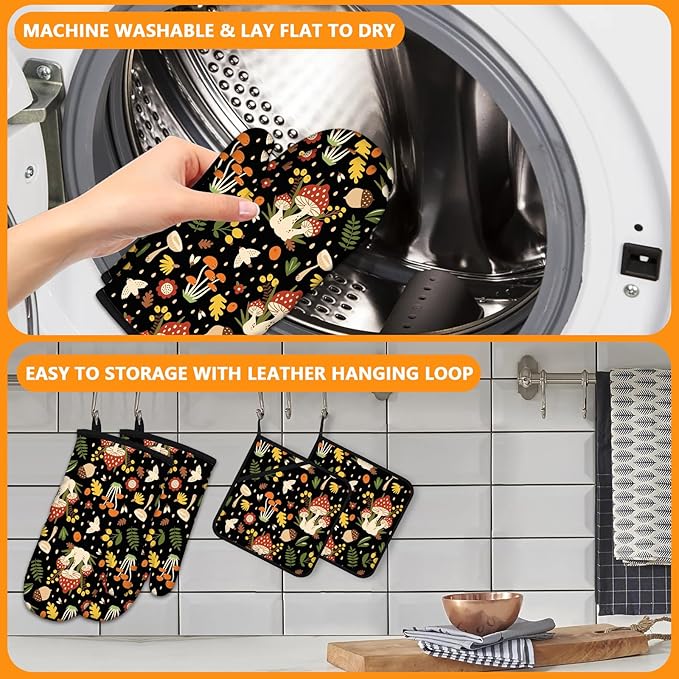 Mushroom Oven Mitts and Pot Holders Sets 4Pcs,Extra Long Oven Gloves Potholder for Kitchen Cooking Baking BBQ 100% Cotton Heat Resistant