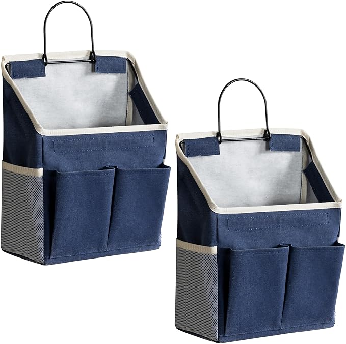 HZZTY BRNY 2pcs Wall Hanging Storage Bag, Small Door Closet Linen Fabric Pockets Organizer, Waterproof Multi Functional for Living Room Bedroom Bathroom Kitchen RV Camper with Hooks All Navy