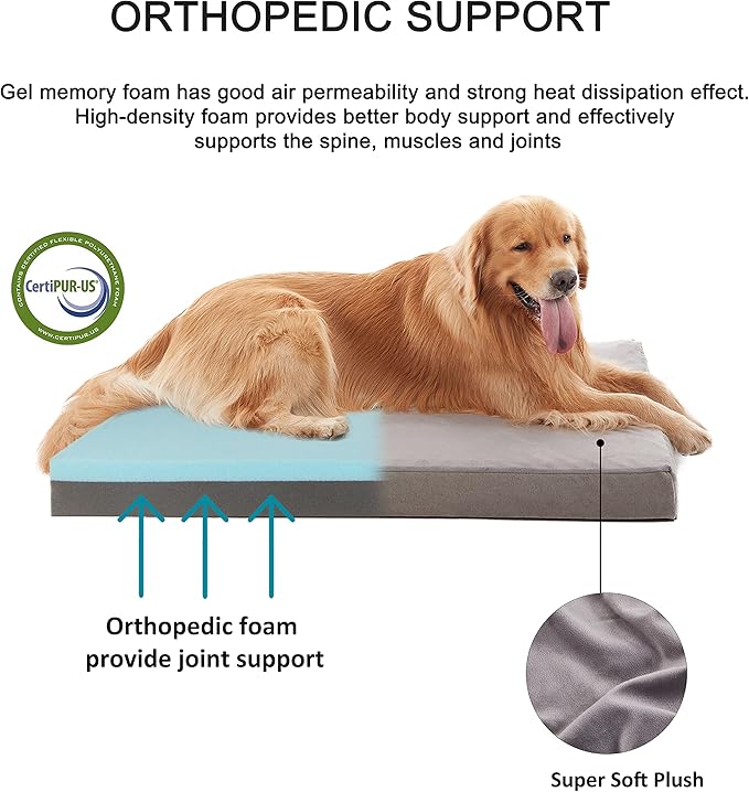 GOHOO PET Orthopedic Memory Foam Bed for Large Dogs, Waterproof Cooling Pet Mats for Crate with Removable Washable Cover,Ideal for Arthritic Dogs (Large plus-36"x 27" x 3", Short Plush)