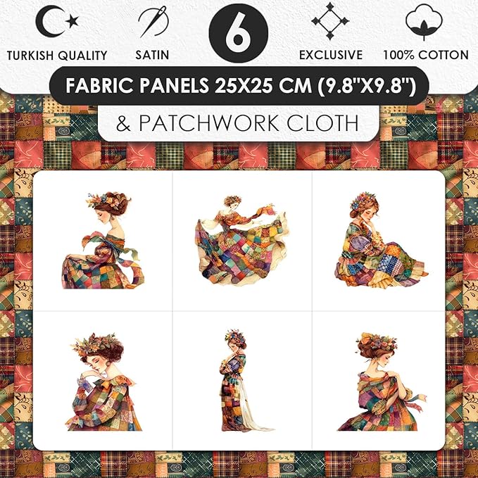 Elegant Lady Patchwork Cotton Fabric Panel – 6 Designs (10×10 inch Each) + Bonus Patchwork Sheet 29.5×19.6 inch, 100% Cotton 140 GSM