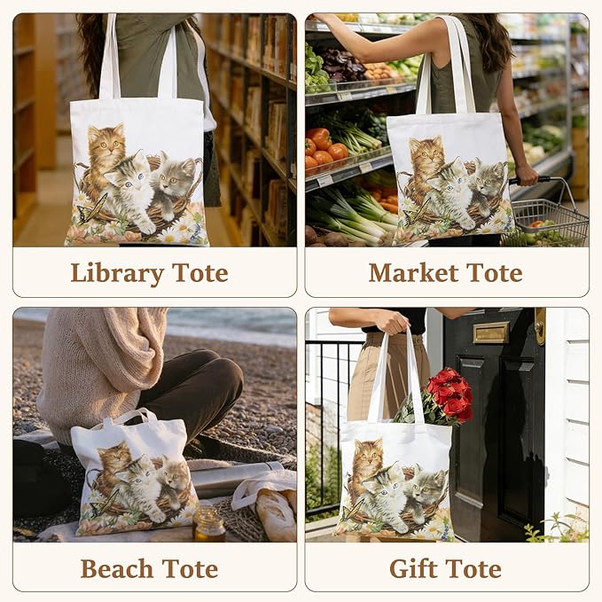 GICDSU Cats Cotton Canvas Tote Bag with Zipper, Reusable Grocery Bags, Beach Foldable Tote Bag for Women, Funny Totebag with Inner Pocket for Shopping Travel Gym Work