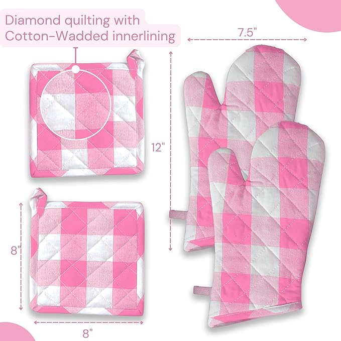 Buffalo Plaid Check Oven Mitts and Pot Holders Set, 100% Cotton, Heat Resistant, 2 Oven Gloves (7x13 Inches) and 2 Hot Pads (8x8 Inches) for Cooking and Baking, Rose Pink White