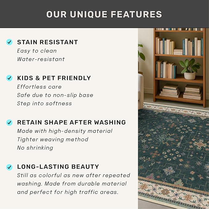 Dark Green 2x5 Kitchen Rug - Modern Vintage Boho Eclectic Floral Pastel, Washable Low Pile Non-Slip Small Runner Rugs for Entryway Door Mat Indoor Entrance, Bedroom, Hallway