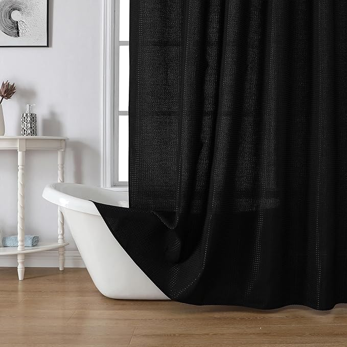 meioro Black Shower Curtain, Waffle Weave 256GSM Heavy Duty Textured Fabric Shower Curtains for Bathroom Hotel Spa, Luxury Weighted Polyester Cloth Bath Curtain Set with 12 Hooks, 48Wx72H