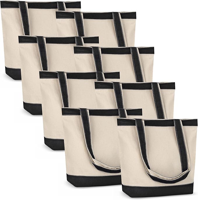 Canvas Tote Bag with Handles for Woman, Reusable Cloth Bag for Groceries and Shopping In Bulk - Blank Cotton Tote Bag, Suitable for DIY Projects HEAVY DUTY, 16"X14.5" With 4” Gusset, Black 8 Pack
