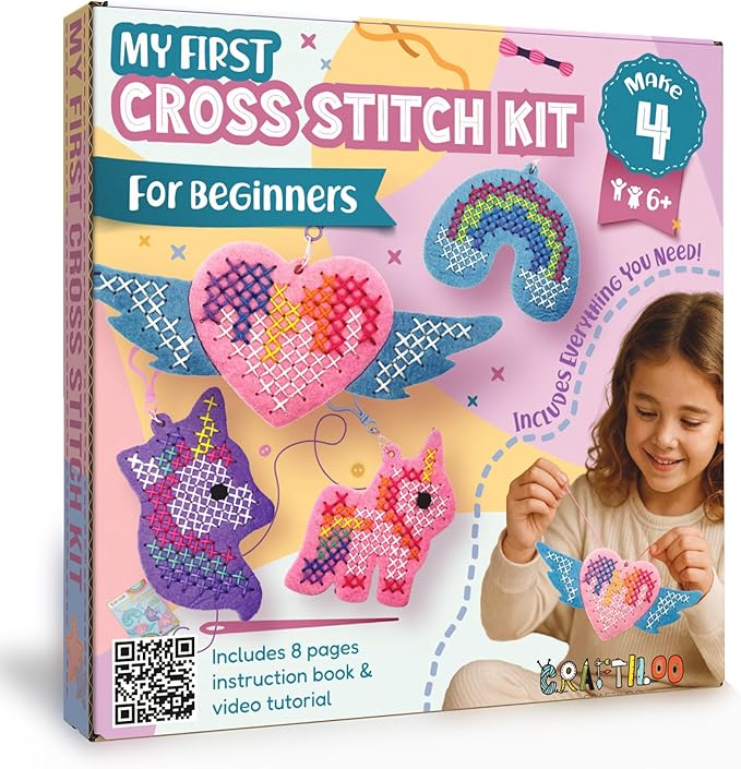 CRAFTILOO My First Cross Stitch Kit for Kids Ages 6–12 – Beginner Needlepoint Set with Pre-Cut Felt, Thread & Keyrings – Makes 4 Colorful Designs: Unicorn, Rainbow, Winged Heart