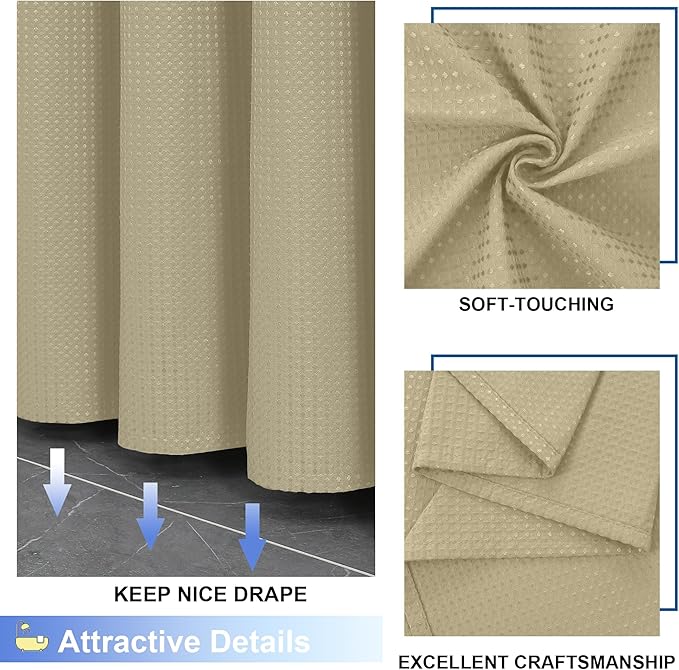 OVZME Long Fabric Shower Curtain Set, Waffle Textured Shower Curtain for Bathroom - Weight 230GSM Heavy Duty Hotel Spa Luxury Bath Curtain Set with 12 Plastic Hooks, 72Wx78L, Taupe