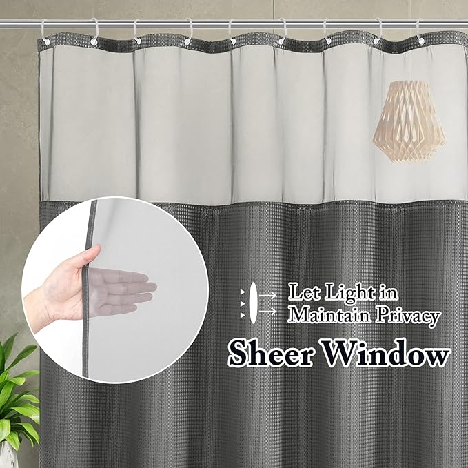 Gibelle Waffle Weave Shower Curtain with Mesh Top Window and Hooks Set, Spa Like Hotel Style Fabric Shower Curtain for Bathroom, Charcoal Grey, 72x72