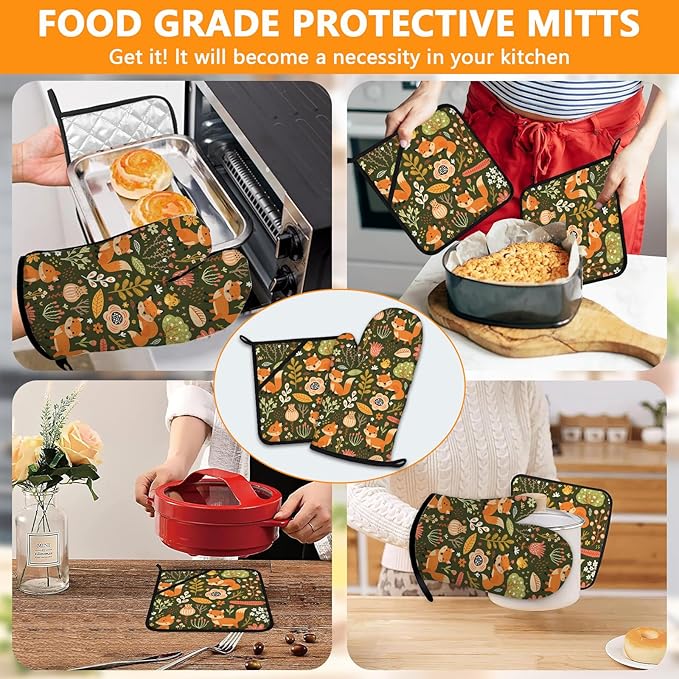 Fox Oven Mitts and Pot Holders Sets 4Pcs,Extra Long Oven Gloves Potholder for Kitchen Cooking Baking BBQ 100% Cotton Heat Resistant