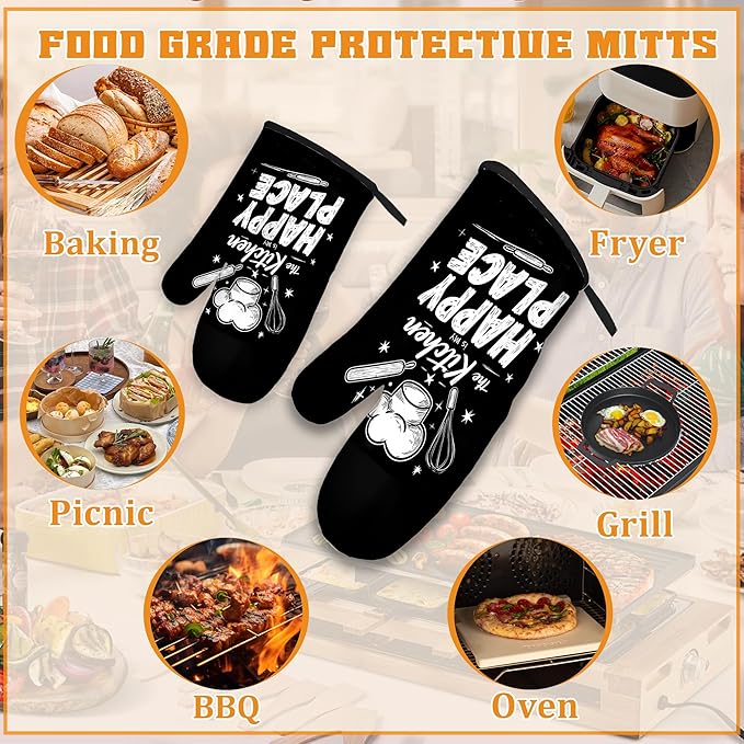 Funny Oven Mitts and Pot Holders Set,The Kitchen is My Happy Place Kitchen Decor Heat Resistant Non Slip Hot Pads and Oven Mitt for Chef Cooking Baking BBQ Mom Girl Gifts(4 Piece Set)