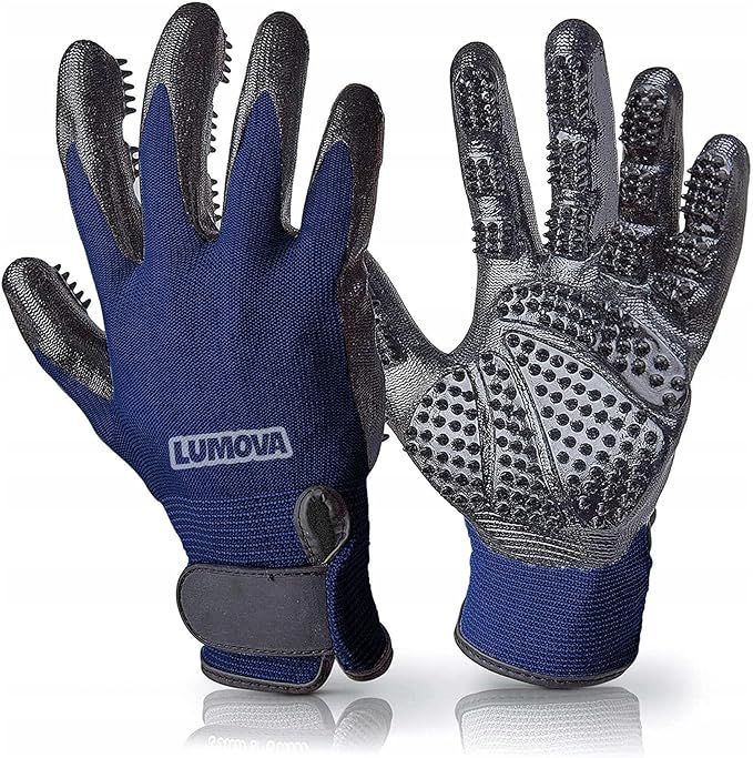 Lumova Dog Grooming Gloves – Shedding Gloves for Dogs, Cats & Horses – Pet Grooming Glove & Hair Remover – Dog Brush Glove for Bathing, Deshedding & Massage Mitt– Adjustable Fit (Blue&Black)