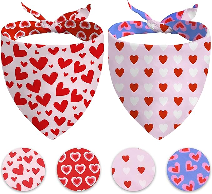 Valentine's Day Dog Bandana Reversible 2 Pack Small, Valentine Day Pet Bandanas for Dogs Pink Heart Adjustable Triangle Holiday Scarves for Small Medium Boy Girl Dogs