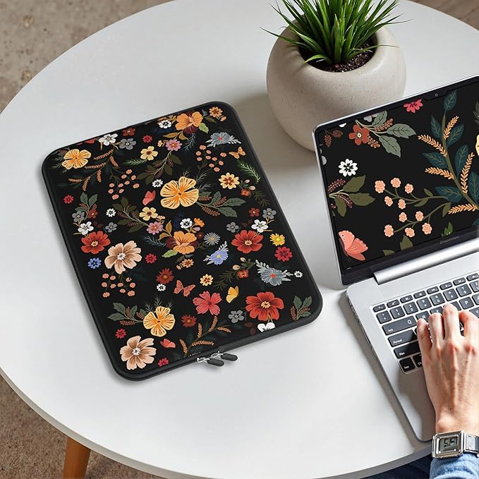 iCasso Laptop Sleeve 13 inch for MacBook Air 13-13.6 inch, Cute Laptop case for MacBook Pro 13 inch, Slim Protective Travel Carrying Case for MacBook Pro 14 inch, Chromebook, HP, Dell, Black Floral