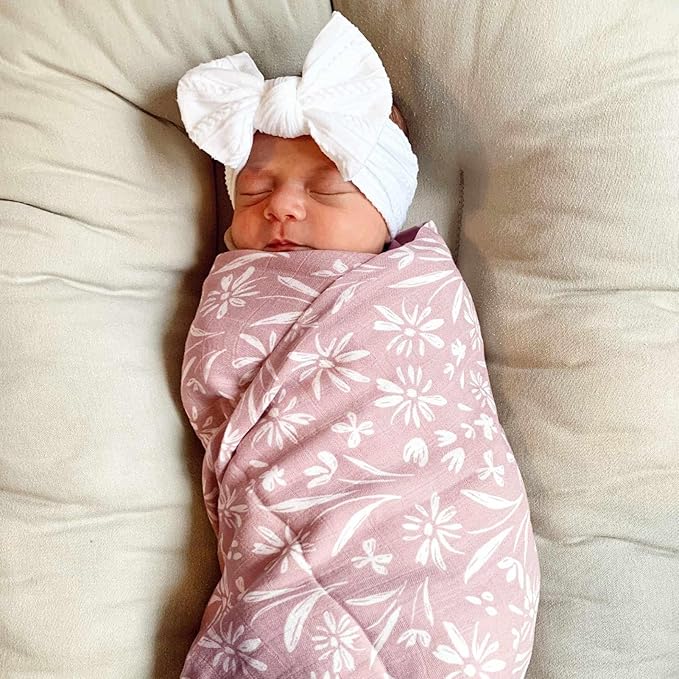 LifeTree Baby Swaddle Blanket and Bow Set, Mauve Floral Muslin Newborn Swaddle Set with Matching Headband Bow, Infant Receiving Blanket Wrap, 47 x 47 inches, 70% Viscose from Bamboo and 30% Cotton