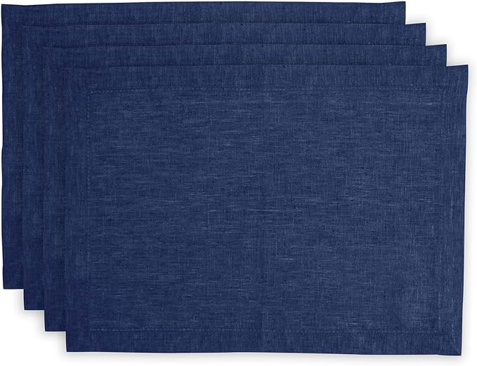 Solino Home Linen Cloth Placemats Set of 4-100% Pure Linen Hemstitch Chambray Navy Placemats 14 x 19 Inch - Milan Hemstitch Table Place Mats for Winter