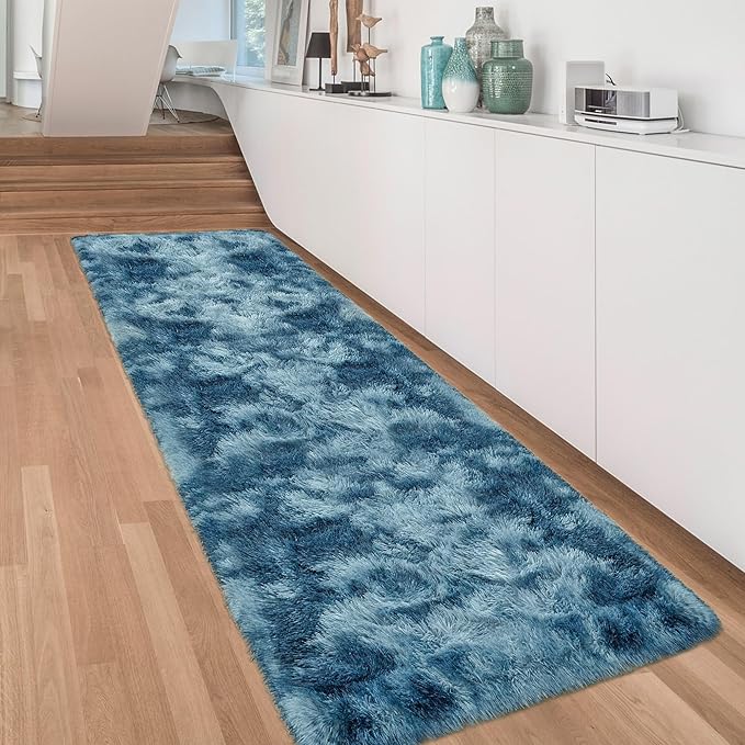 3x10ft Plush High Pile Blue Tie-Dyed Rug Fluffy Soft Runner Bedside Rug for Bedroom Living Room Hallway Nursery Kids Home Decor Shag Carpet