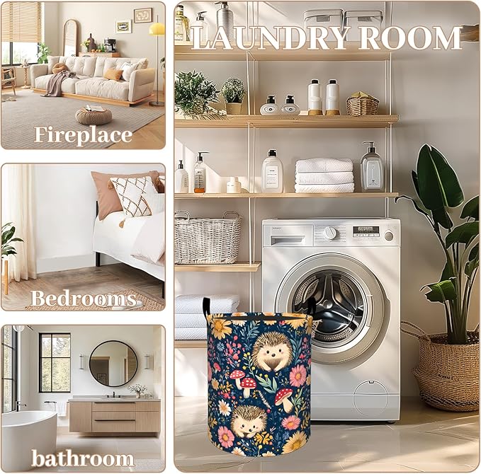 ainori Cute Hedgehog Laundry Basket, Oxford Cloth Playful Cartoon Dirty Clothes Collapsible Hamper for Room Decor, Floral Mushroom Print Gifts Toy Organizer 19.7 * 15.8 Inch for Bedroom Bathroom Dorm