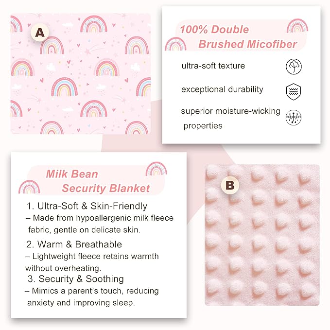 Viviland Toddler Nap Mat with Pillow and Minky Dot Blanket, Large Thick Rolled Sleeping/Slumber Bags, Kids Girls Sleeping Mat for Preschool, Daycare, Kindergarten, Travel Camping- Pink Rainbow