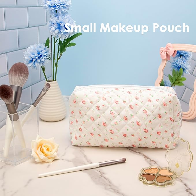 PAZIMIIK 2PCS SET Vintage Quilted Makeup Bag Cosmetic Pouch for Brushes Pencils and Travel Make Up Accessories for Women and Girls Gauze Rose