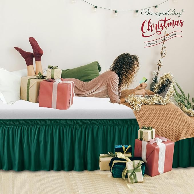 Biscaynebay Wrap Around Bed Skirts for Full & Full XL Beds 15" Drop, Christmas Hunter Green Adjustable Elastic Dust Ruffles Easy Fit Wrinkle & Fade Resistant Silky Luxurious Fabric Machine Washable