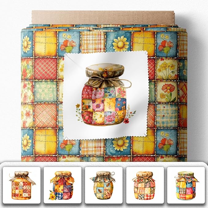 Patchwork Honey Jar Cotton Fabric Panel – 6 Designs (10×10 inch Each) + Bonus Sheet 29.5×19.6 inch, 100% Cotton 140 GSM, Made in Türkiye