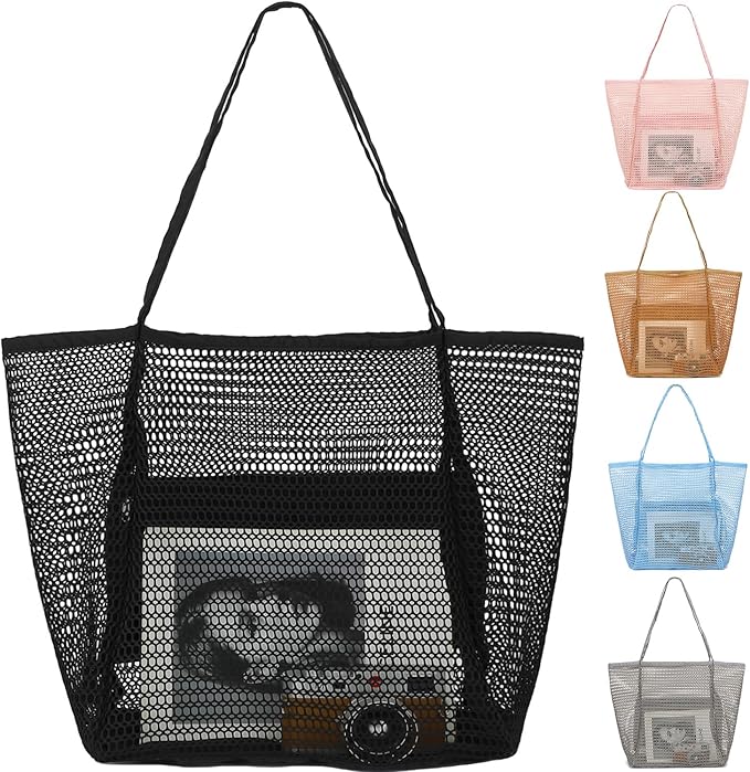 Fammart Mesh Beach Bag, Large Beach Tote with Zipper Pocket for Family Pool Bag for Toys & Vacation Essentials