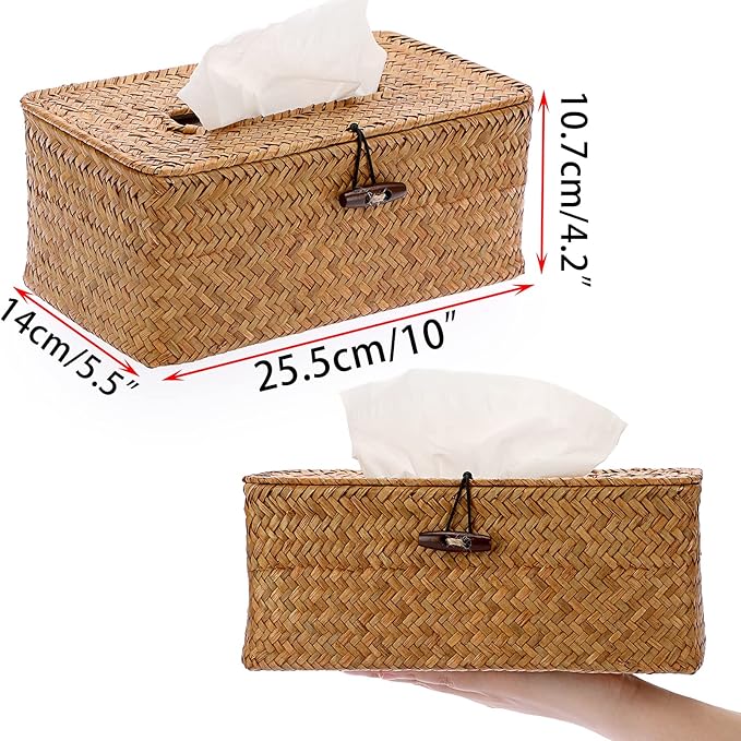 Sumnacon Tissue Box Cover Rectangle Tissue Box Seagrass Tissue Box Holder Woven Tissue Holder Decorative Tissue Cover for Bathroom Tissue Box Cover Rectangular for Home Office Table Caramel